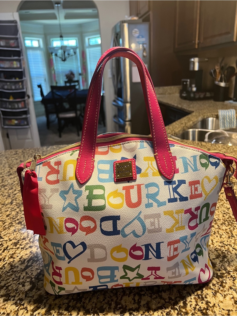 Dooney & Bourke Multicolor Logo Satchel with Pink Trim and Handles